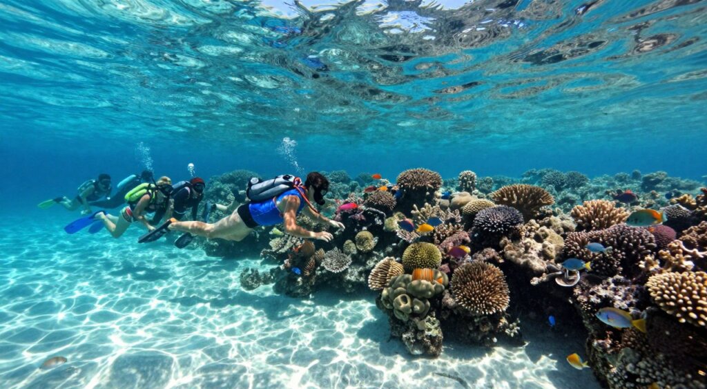 Vibrant underwater scene depicting snorkeling in the crystal-clear waters of the Lombok Gili Islands. In the foreground, a group of diverse adventurers in modest swimwear explore the vibrant coral reef teeming with colorful tropical fish. The midground features lively coral formations in various shapes and sizes, while the background showcases the sparkling turquoise sea melding with a bright blue sky. Soft sunlight filters through the water, casting dappled reflections on the sandy ocean floor, enhancing the sense of serenity and adventure. The composition captures a sense of exploration and wonder, emphasizing the beauty of marine life in a tropical paradise. Use a wide-angle lens for a dynamic perspective, ensuring a clear focus on both the snorkelers and the breathtaking underwater landscape. Vibrant underwater scene depicting snorkeling in the crystal-clear waters of the Lombok Gili Islands. In the foreground, a group of diverse adventurers in modest swimwear explore the vibrant coral reef teeming with colorful tropical fish. The midground features lively coral formations in various shapes and sizes, while the background showcases the sparkling turquoise sea melding with a bright blue sky. Soft sunlight filters through the water, casting dappled reflections on the sandy ocean floor, enhancing the sense of serenity and adventure. The composition captures a sense of exploration and wonder, emphasizing the beauty of marine life in a tropical paradise. Use a wide-angle lens for a dynamic perspective, ensuring a clear focus on both the snorkelers and the breathtaking underwater landscape.
