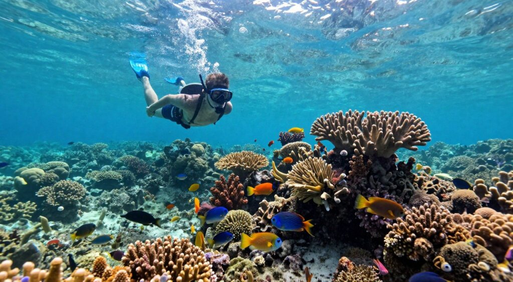 Vibrant underwater scene showcasing a snorkeling adventure in Amed, Bali. In the foreground, a snorkeler wearing a mask and fins glides gracefully above a colorful coral reef teeming with tropical fish in various shades of blue, yellow, and orange. The middle ground features stunning coral formations in intricate shapes and textures, while schools of small fish dart playfully between the coral. In the background, gentle sunlight filters down from the surface, creating shimmering patterns of light in the clear turquoise water. The scene captures a sense of tranquility and awe-inspiring beauty, inviting viewers to experience the rich marine biodiversity of Amed. The composition should evoke a feeling of exploration and adventure, reminiscent of professional photojournalism-style photography.