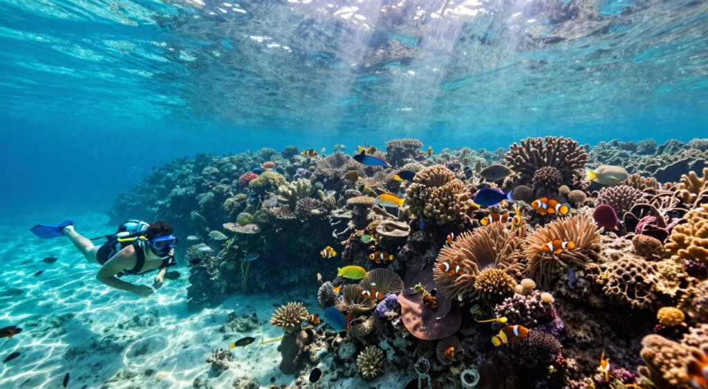 Vibrant underwater scene showcasing the diverse marine life of Raja Ampat, Indonesia, focusing on colorful coral reefs teeming with tropical fish such as clownfish, angelfish, and parrotfish in a crystal-clear, turquoise lagoon. In the foreground, a skilled snorkeler in modest swim attire explores the rich biodiversity, capturing the essence of an underwater adventure. The middle ground features a stunning coral wall, intricately detailed with sponges and sea anemones, while the background reveals a sun-drenched surface reflecting sunlight beams, creating a dreamlike atmosphere. The scene should convey a sense of wonder and tranquility, with natural lighting enhancing the vivid colors and textures of the marine ecosystem, reminiscent of National Geographic’s photojournalistic style.