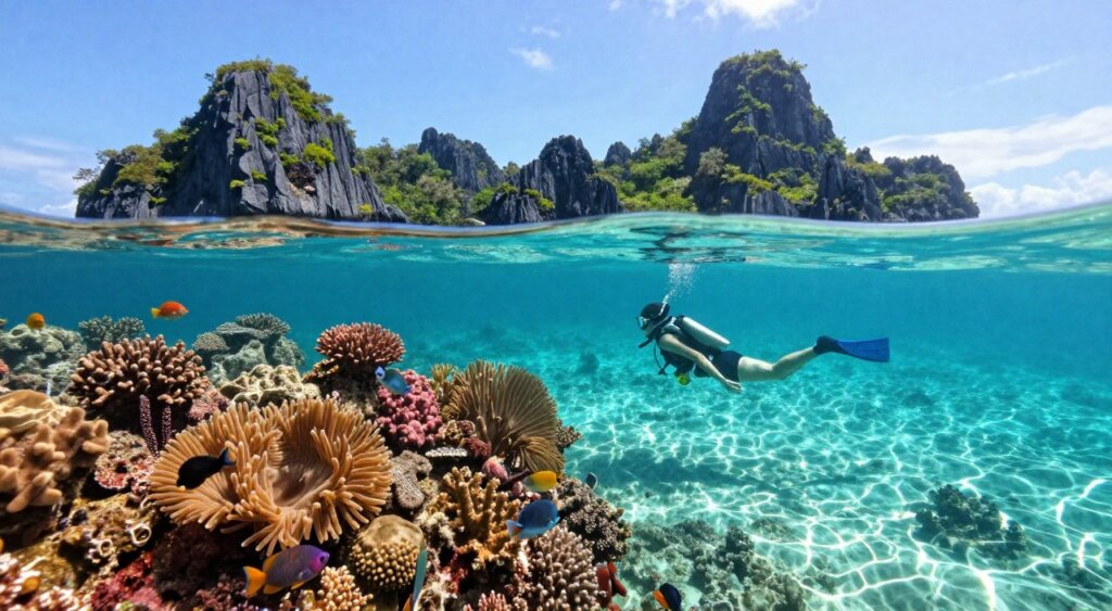 Vibrant underwater scene showcasing the pristine diving spots of Raja Ampat. In the foreground, colorful coral reefs teeming with diverse marine life—schools of tropical fish and gently swaying sea anemones. In the middle ground, a diver in modest wetsuit gliding gracefully through the crystal-clear water, observing the rich biodiversity. The background features striking limestone islands rising dramatically from the turquoise sea, dotted with lush green vegetation under a bright, sunny sky. Soft sunlight filters through the water, casting shimmering patterns on the ocean floor, creating a serene and inviting atmosphere. The image captures the essence of adventure and tranquility, highlighting the beauty of diving at Wai Resort.