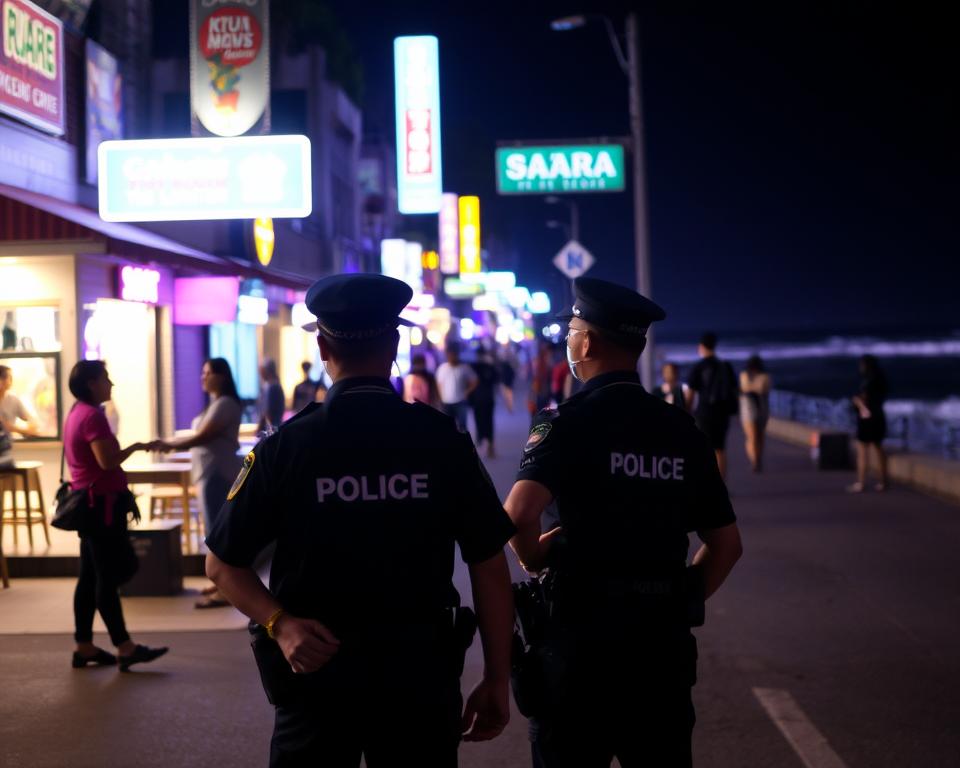 How is the police presence in Kuta at night?