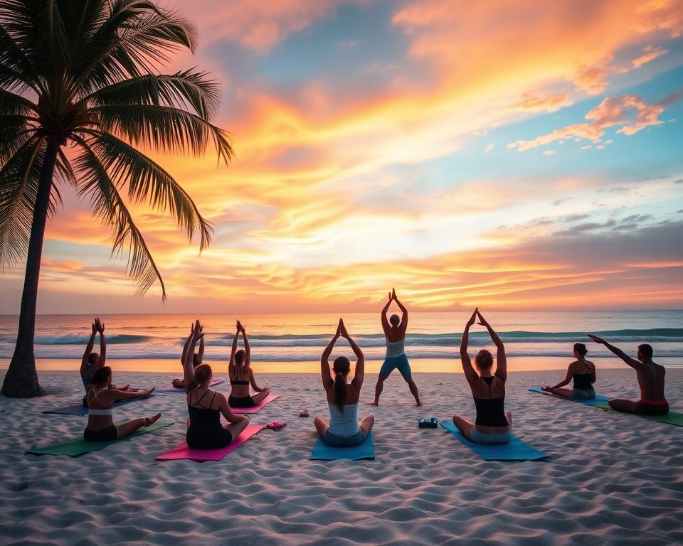 What is the experience like at a beachfront yoga class in Kuta?