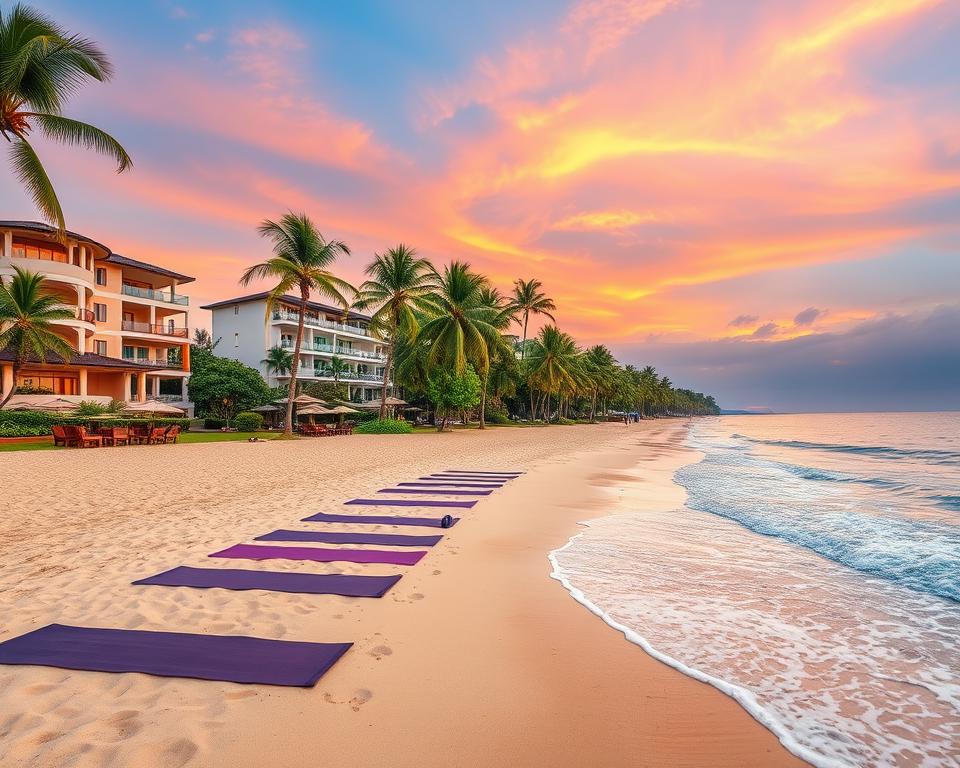 Which beachfront hotels in Kuta offer yoga classes?